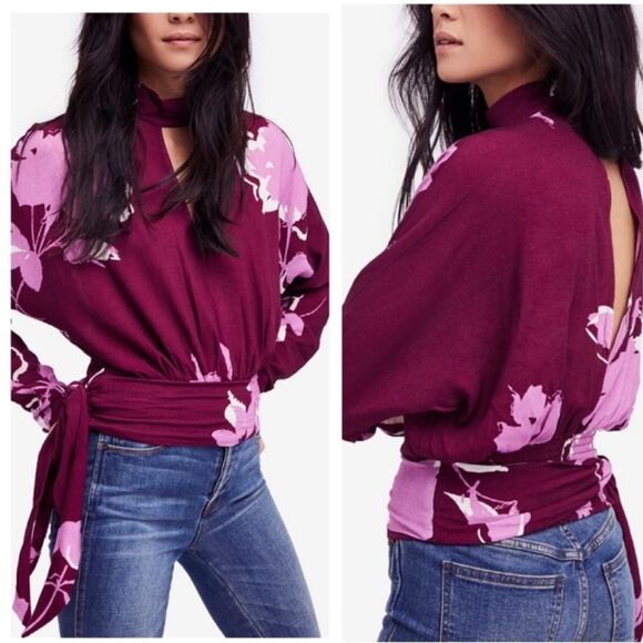 Free People Say You Love Me Blouse Women’s M Long Sleeve Floral Waist Tie - Picture 1 of 16